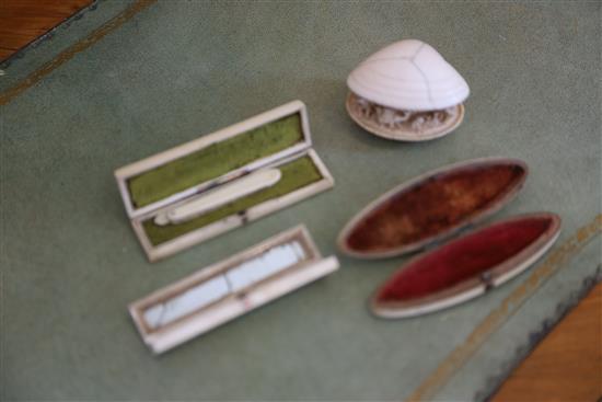 A group of 19th century ivories to include three late Georgian mounted toothpick cases, two brise fans and a Japanese okimono, fans 17c